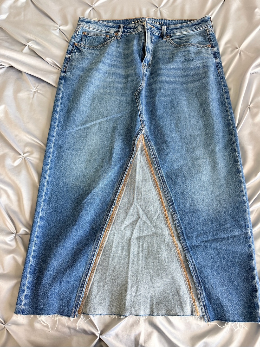 American Eagle Outfitters Asymmetrical Denim Skirt in Light and Dark Blue - Picture 2 of 5